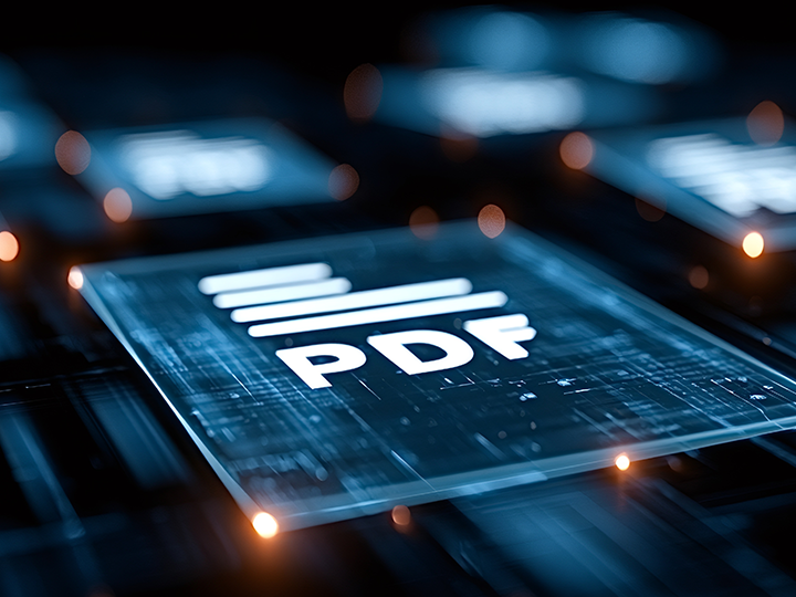 Abstract digital illustration of a PDF document displayed on a glowing blue, transparent interface, surrounded by layered digital panels and illuminated data elements. The image represents PDF processing, document workflow automation, and digital document management.