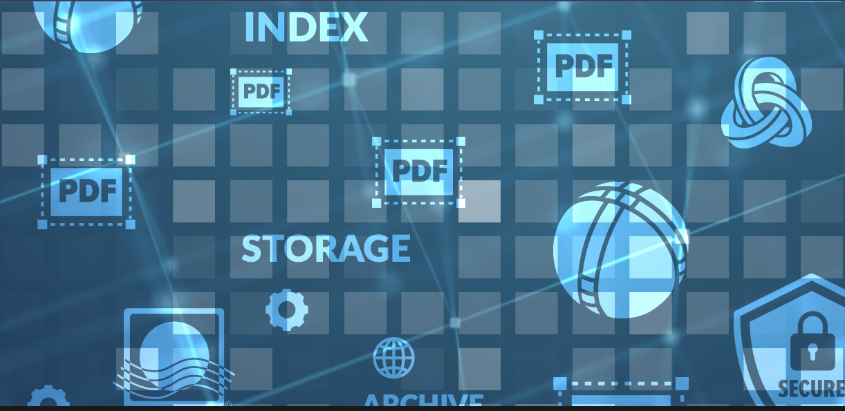 Solimar Systems graphic illustrating enterprise document management and digital communications workflows. A blue technology-themed background features PDF document icons, indexing, storage, archiving, and security symbols connected by digital network lines, representing automated document processing, eDelivery, and secure archival capabilities.